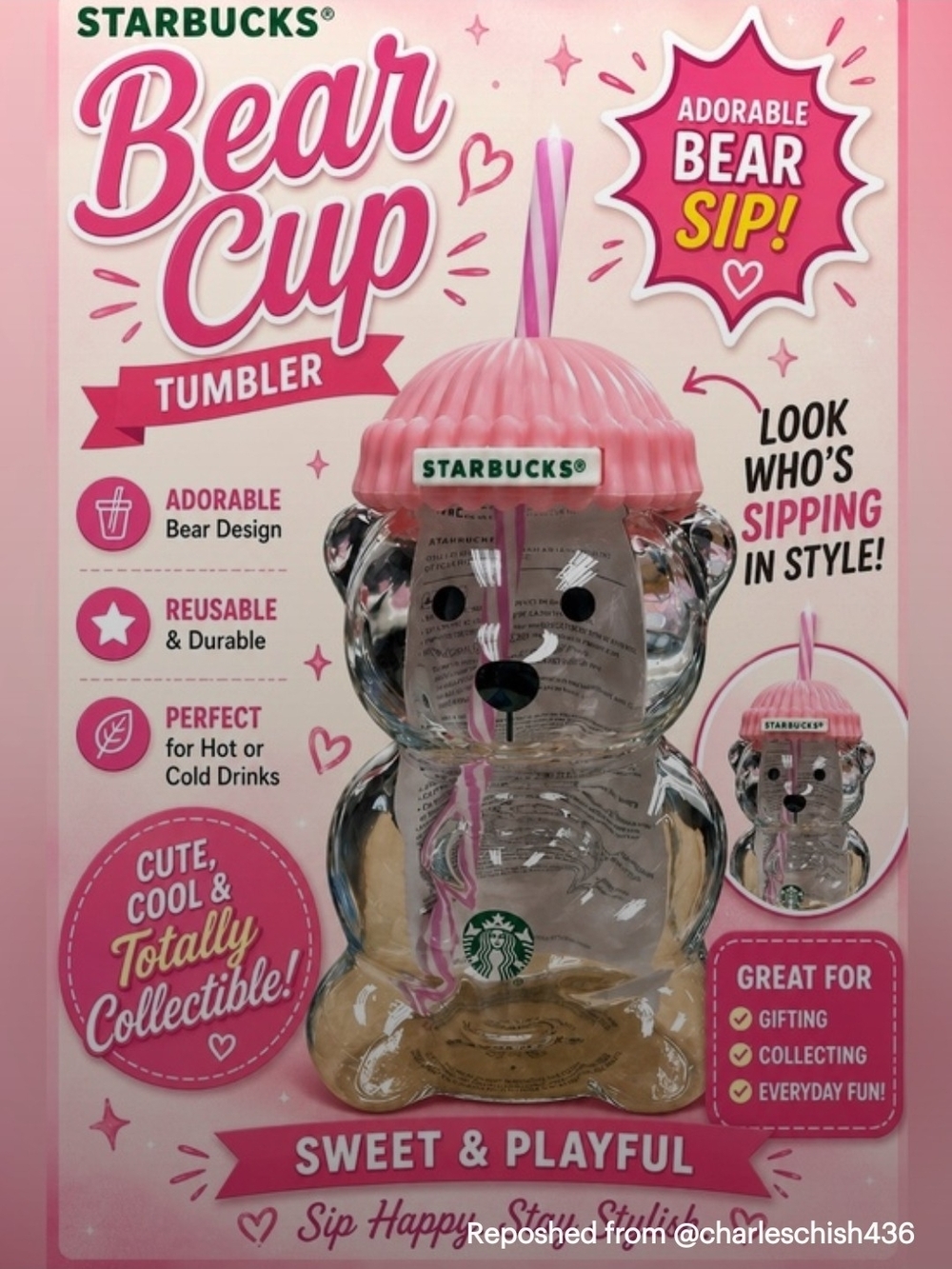 Starbucks Pink Bear Cup Tumbler with Straw